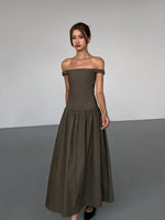 Load image into Gallery viewer, Off Shoulder Drop Waist Maxi Dress in Olive
