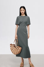 Load image into Gallery viewer, Padded Shoulder Cape Cutout Maxi Dress in Grey
