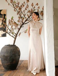 Slit Pocket Maxi Cheongsam Dress in Champagne