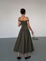 Load image into Gallery viewer, Off Shoulder Drop Waist Maxi Dress in Olive

