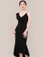 Load image into Gallery viewer, Ruffle Mermaid Midi Dress in Black
