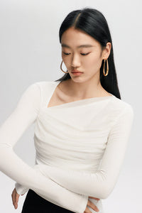 Asymmetric Neckline Tulle Shirring Top [2 Colours]