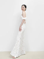 Load image into Gallery viewer, Off Shoulder Lace Gown in White
