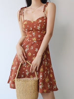 Load image into Gallery viewer, Ibiza Floral Cami Tie Strap Mini Dress in Brown
