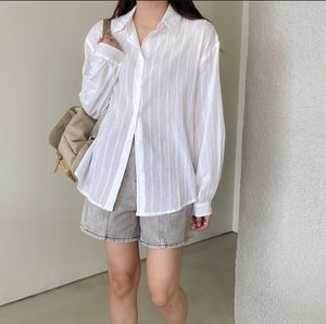 Korean Textured Cotton Oversized Shirt in White