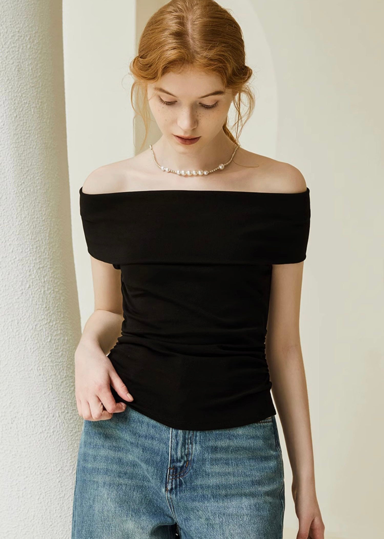 Off Shoulder Foldover Top in Black