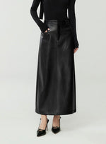 Load image into Gallery viewer, H-Line Faux Leather Slit Skirt in Black
