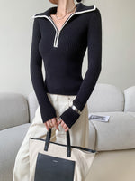 Load image into Gallery viewer, Contrast Collar Half Zip Ribbed Sweater Top in Black
