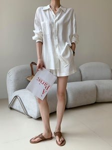 Cotton Linen Shirt + Shorts Set in White