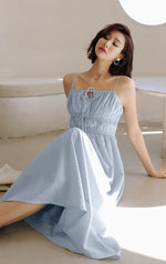 Load image into Gallery viewer, Ribbon Tie Gather Dress in Blue

