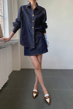 Load image into Gallery viewer, Denim Shirt + Skirt + Trousers Set in Navy
