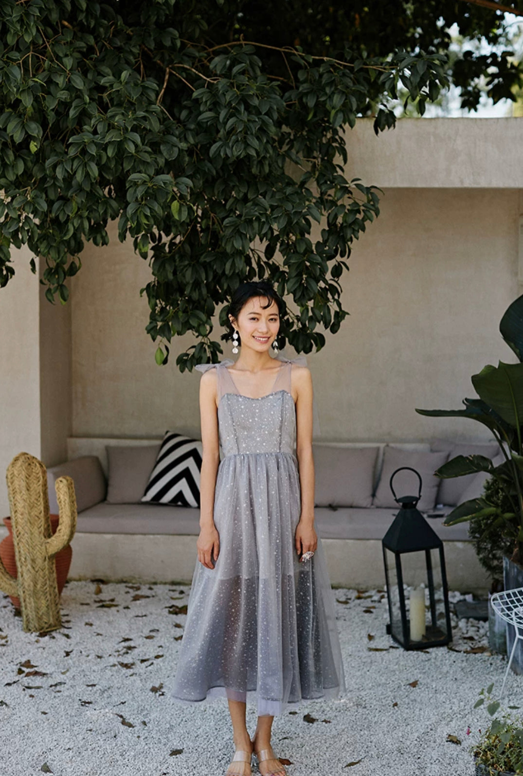 Tulle Ribbon Tie Midi Dress in Grey