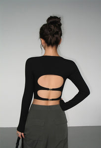 Cutout Back Double Buckle Long Sleeve Top in Black