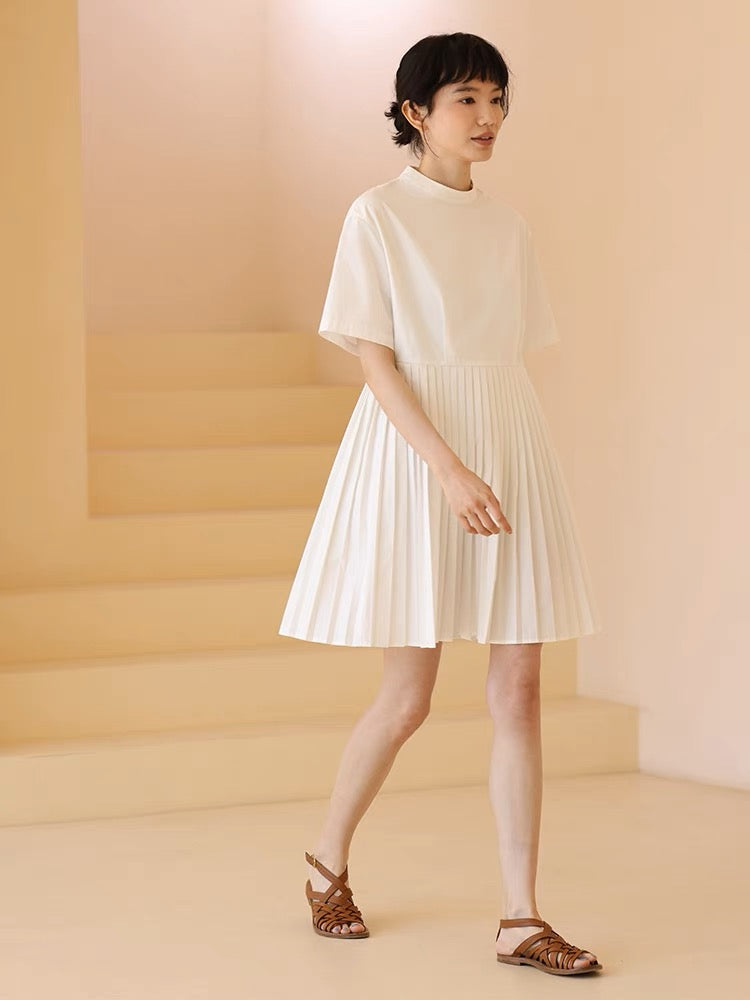 Pleated Sleeve Dress in White