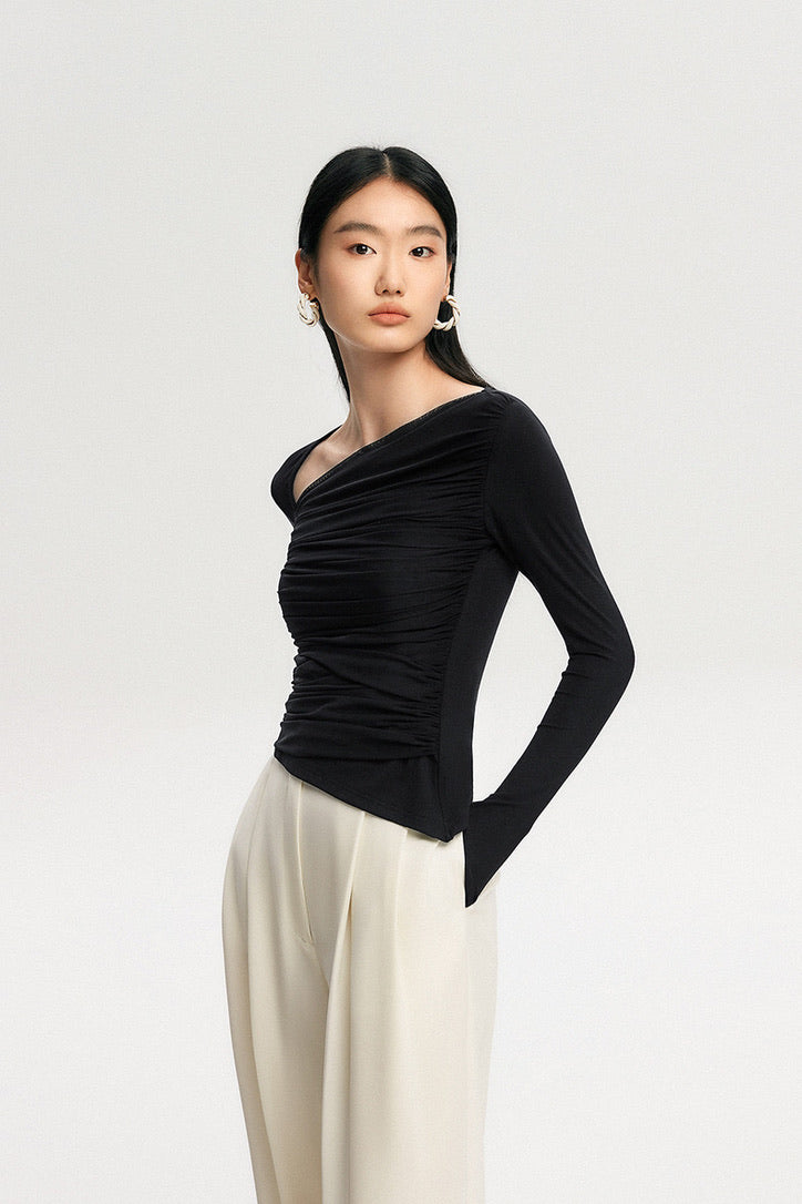 Asymmetric Neckline Tulle Shirring Top in Black