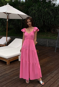 Flutter Sleeve Panel Pocket Maxi Dress in Pink