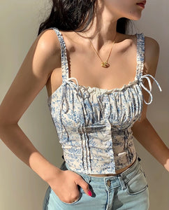 Toile Floral Bustier Top in Blue/White