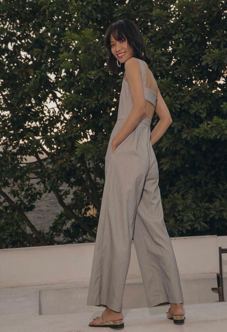 Cutout Back Pocket Maxi Jumpsuit in Grey