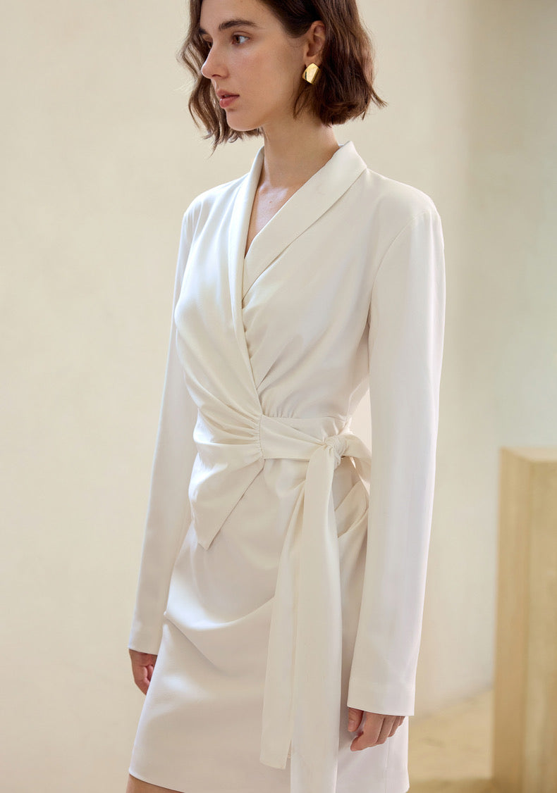 Gathered Wrap Suit Dress in White