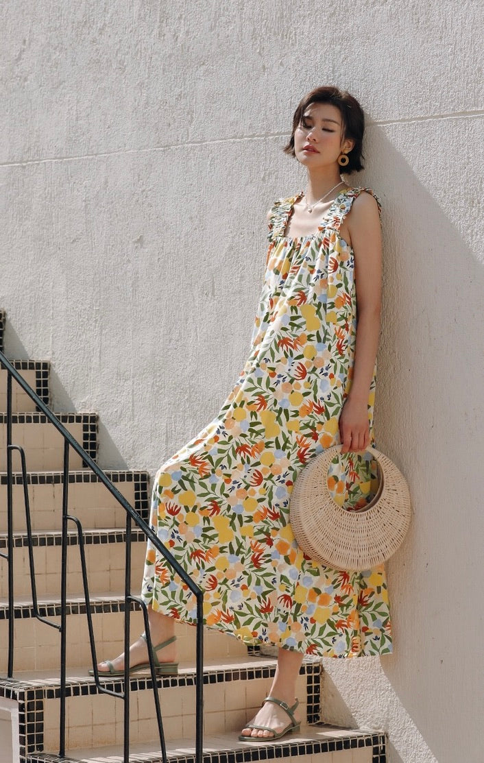 Floral Gathered Strap Maxi Dress in Multi