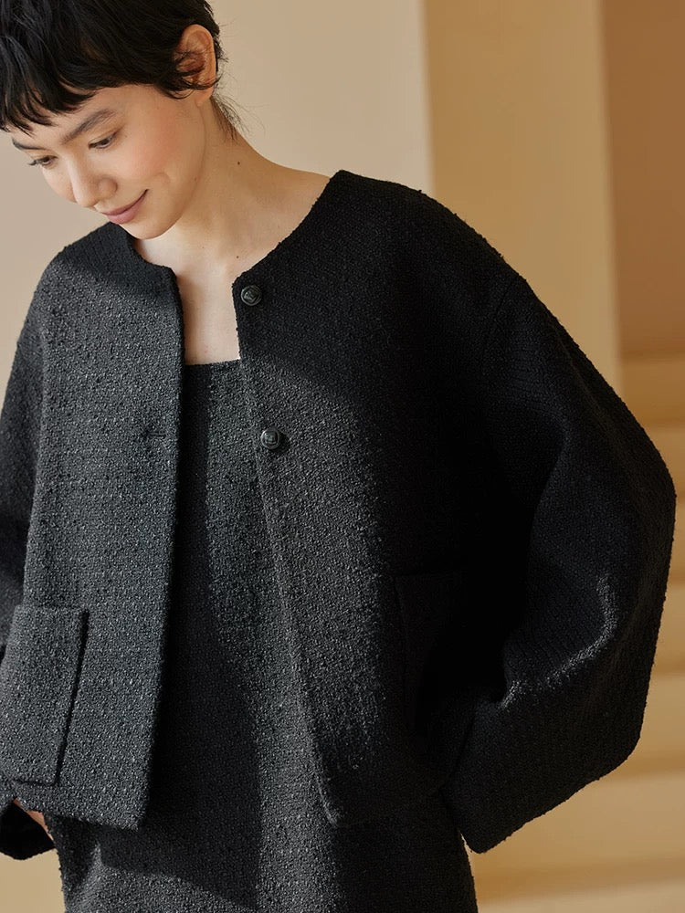 Oversized Wool Blend Tweed Pocket Jacket in Black