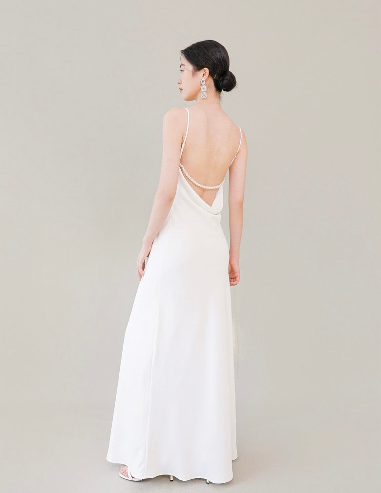 Drop Back Bead Drape Gown in White