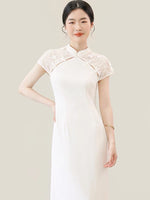 Load image into Gallery viewer, Lace Cutout Midi Cheongsam in White
