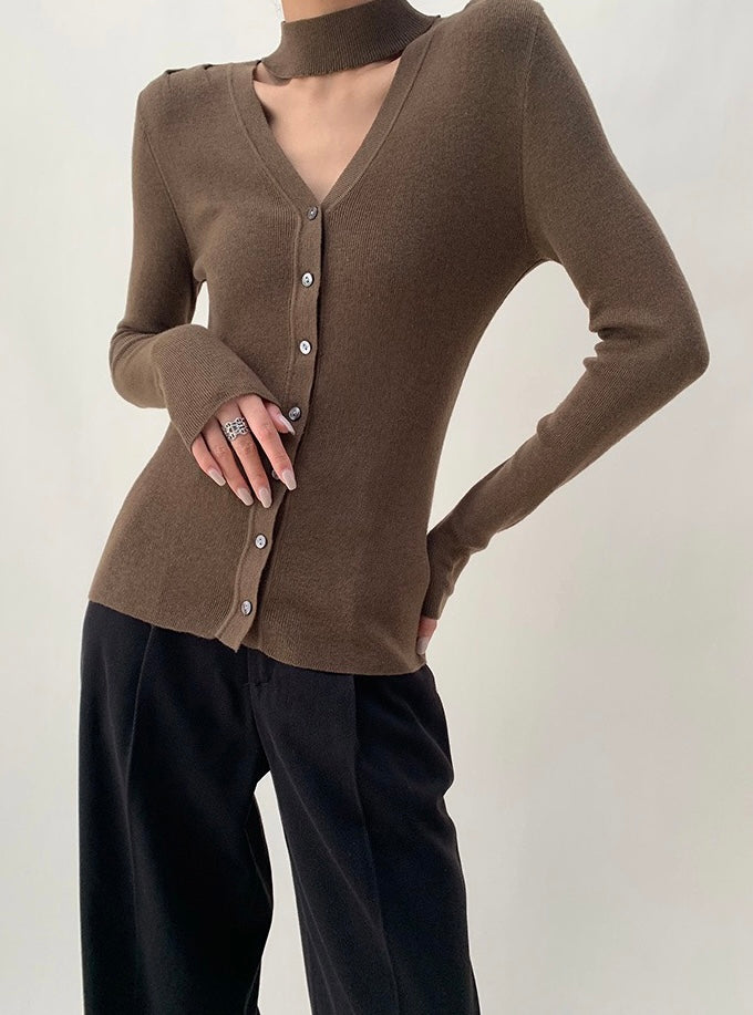 High Neck Cutout Button Top in Brown