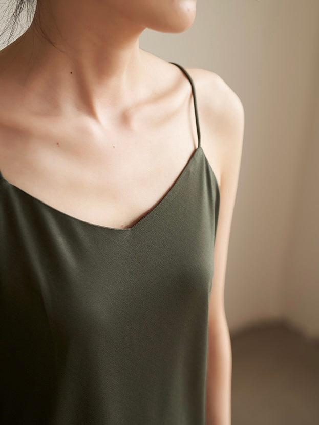 Classic V Neck Silky Camisole in Olive