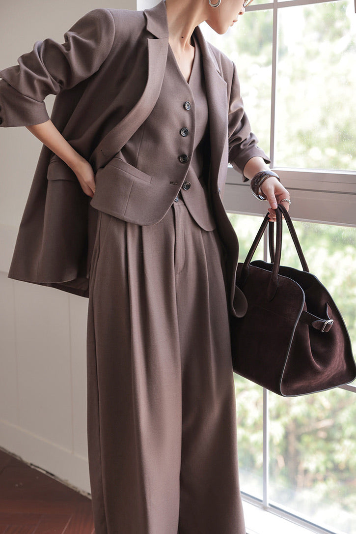 Vest + Blazer + Trousers Set in Brown