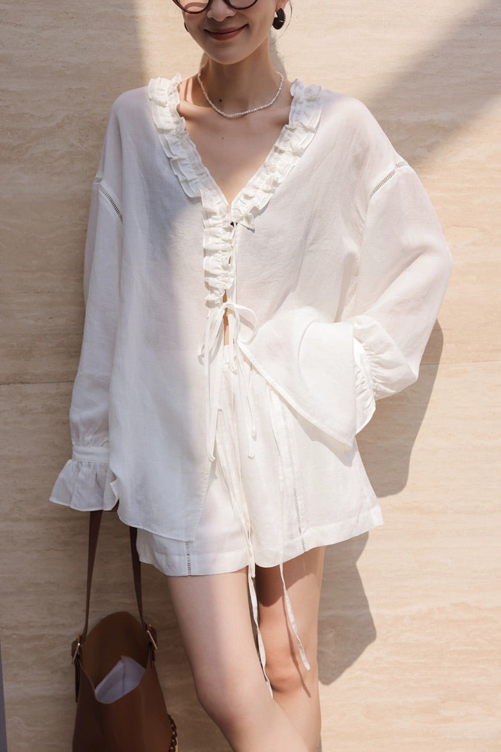 Tencel Blend Flute Blouse // Shorts in White