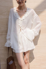 Load image into Gallery viewer, Tencel Blend Flute Blouse // Shorts in White
