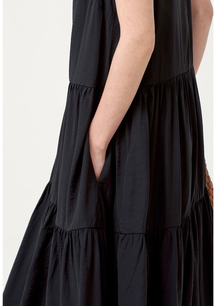 Tiered Pocket Maxi Dress in Black