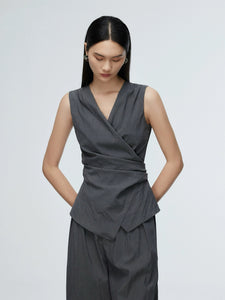 Crepe Wrap Tie Top in Grey