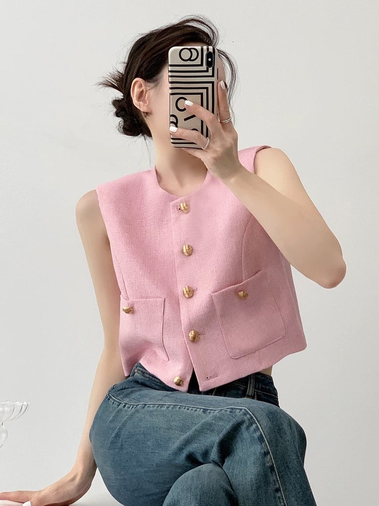 Tweed Pocket Vest Top in Pink