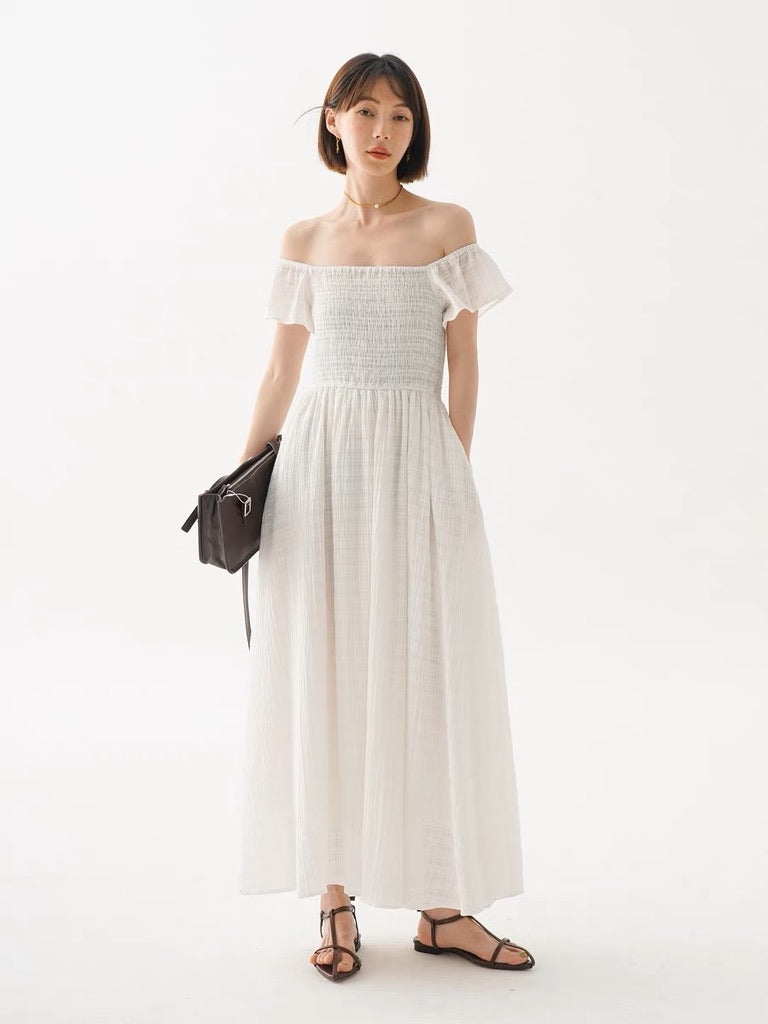 Off Shoulder Textured Pocked Maxi Dress in White