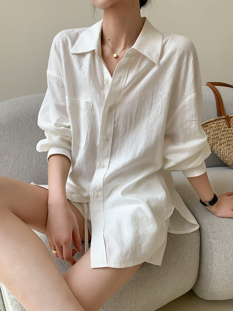 Cotton Linen Shirt + Shorts Set in White