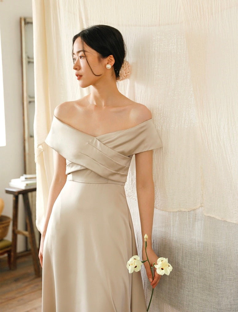 Off Shoulder Pleat Maxi Dress in Champagne