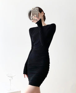 Long Sleeve Shirring Mini Bodycon Dress in Black
