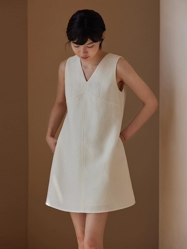 Tweed Pocket Shift Dress in White