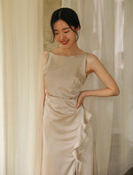 Load image into Gallery viewer, Satin Slit Ruffle Maxi Dress in Champagne
