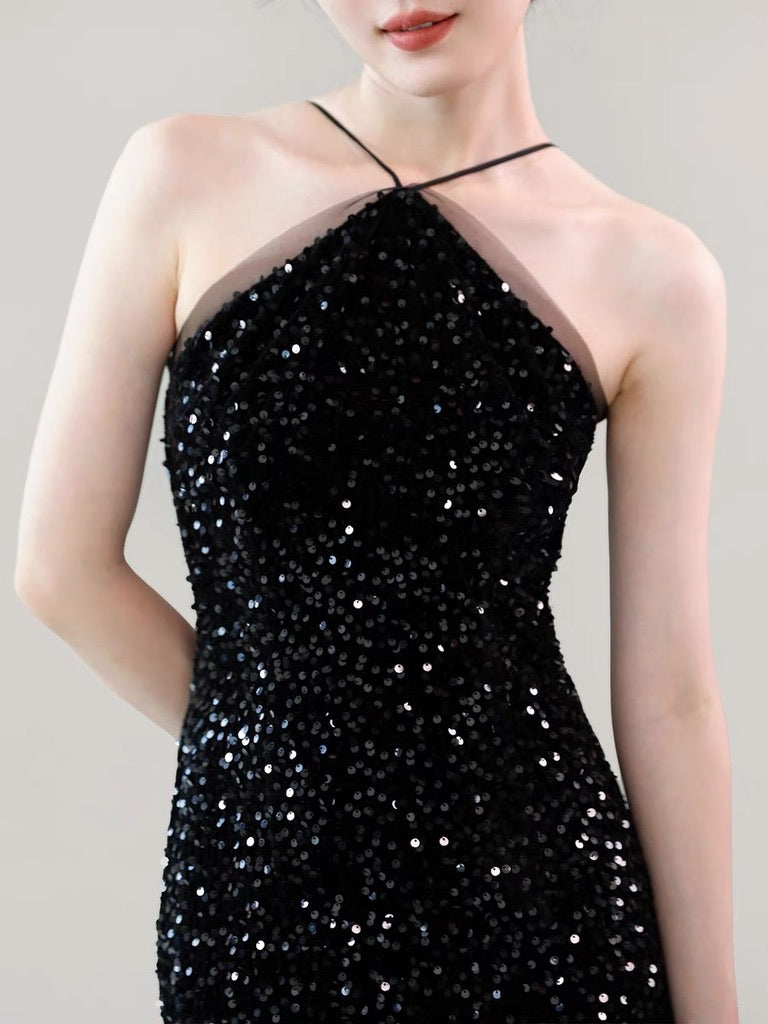 Sequin Halter Slit Maxi Dress in Black