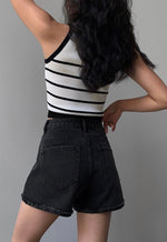 Load image into Gallery viewer, Double Button Fray Hem Denim Shorts in Black
