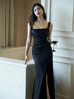 Load image into Gallery viewer, Satin Sleeveless Flare Slit Dress in Black
