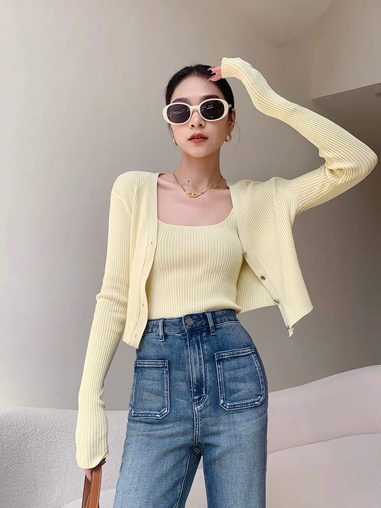 Ribbed Cami + Cardigan Set in Yellow