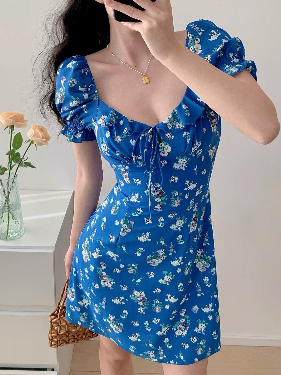 Boria Floral Puff Sleeve Mini Dress in Blue