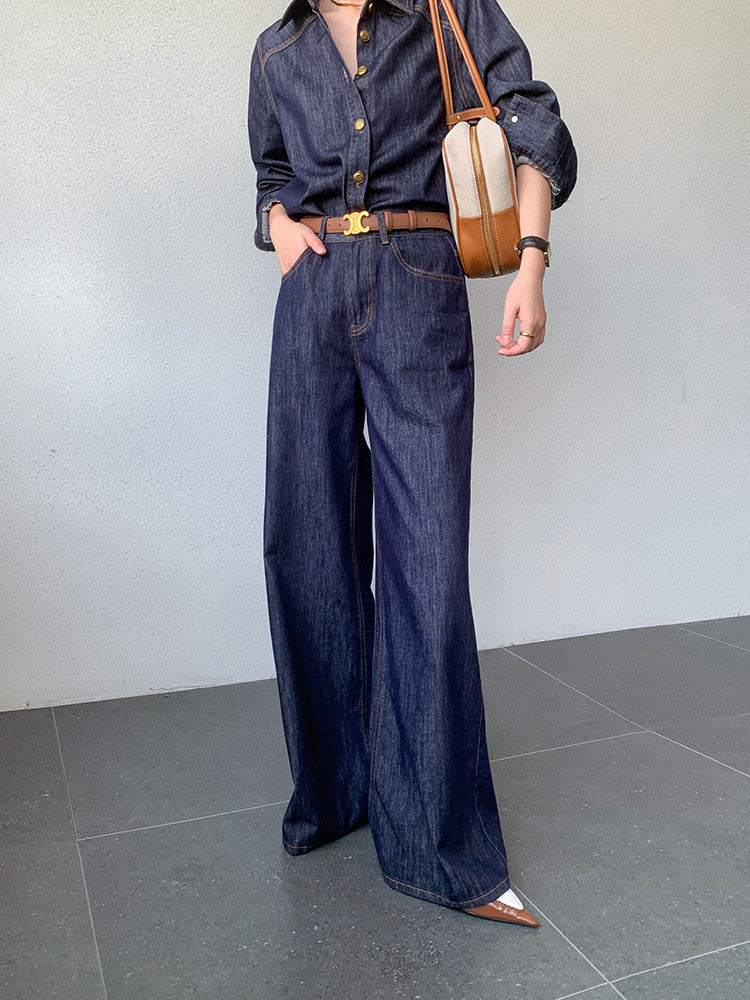 Denim Shirt + Skirt + Trousers Set in Navy