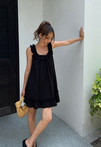 Sleeveless Gathered Babydoll Dress in Black