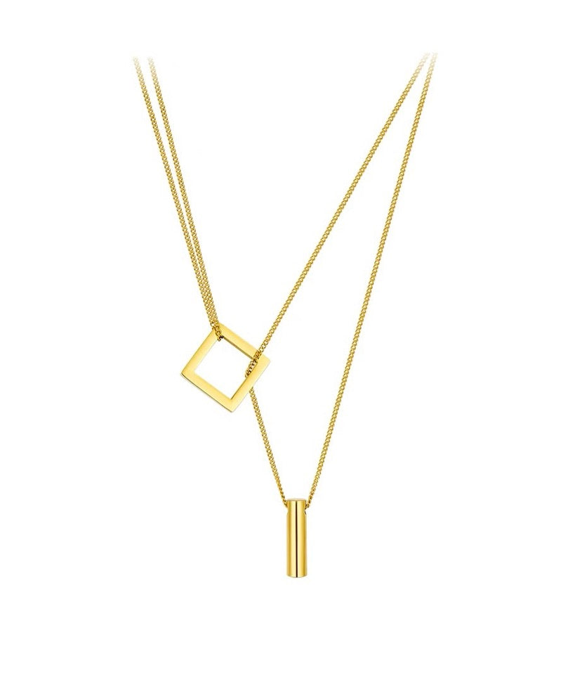 Double Chain Square Pendant Necklace