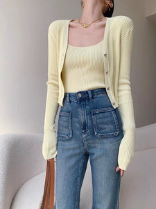 Ribbed Cami + Cardigan Set in Yellow